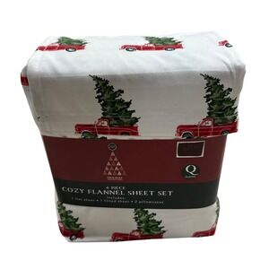 Holiday Woodlands Red Pick Up‎ Truck Country Rustic Queen 4 Piece Bed Sheet Set
